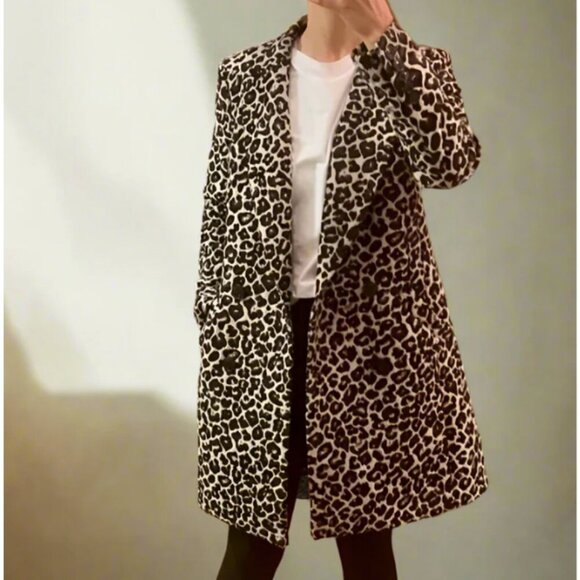 Anthropologie Longline Jacket Womens 2 Black Leopard Double-Breasted Blazer Midi - Picture 3 of 5